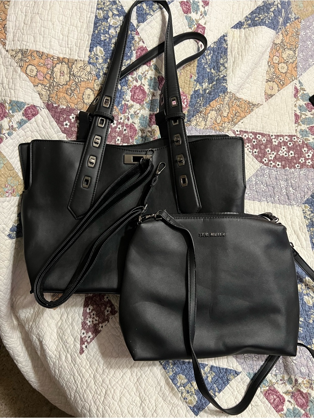 Steve Madden Black Leather Tote with Matching Black Crossbody Pouch